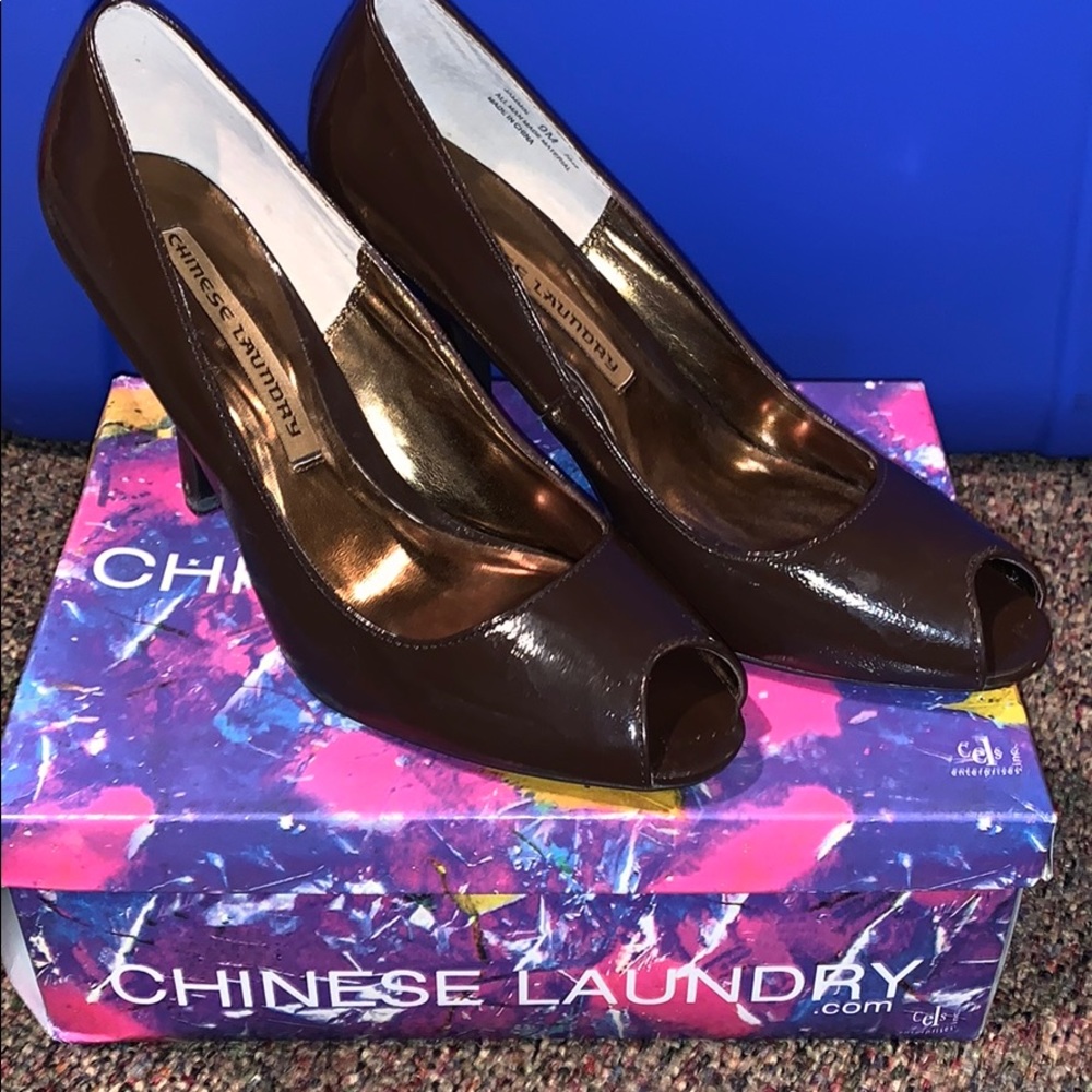 Brown Patent Leather Peep Toe Heels